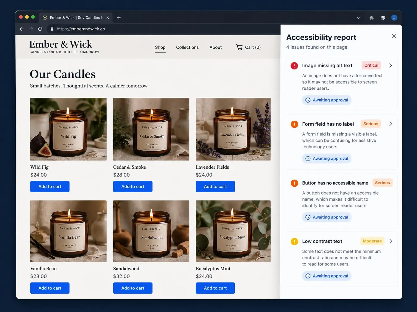 Illustrative example: a candle shop storefront with the EqualFix accessibility report panel listing findings awaiting approval